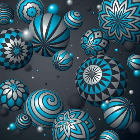 Realistic decorated spheres vector illustration, abstract background with beautiful balls with patterns and depth of field effect, 3D globes design concept art.のイラスト素材
