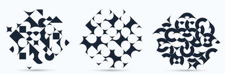 Abstract geometric backgrounds set isolated, vector black and white design elements in retro style of 70s, modern complex compositions with geometrical shapes.のイラスト素材