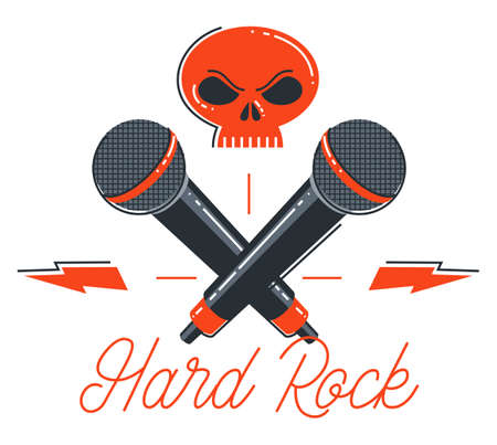 Hard rock and heavy metal emblem   vector flat style illustration isolated, microphone and dead scull composition, stylish music icon.のイラスト素材