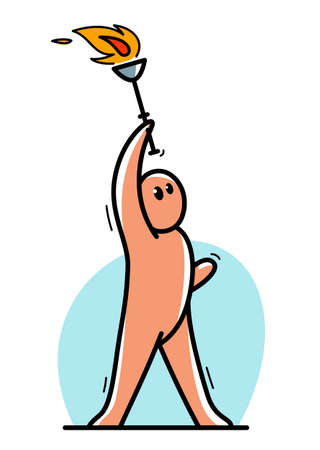Funny cartoon man raising up hand with torch like a champion vector flat style illustration isolated on white, cute and positive small guy drawing or icon.のイラスト素材