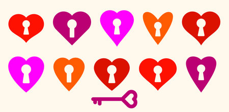 Heart shaped padlocks vector  or icons set, locks and turnkeys love theme in a shape of hearts open or closed emotions, secret feelings concept, Valentine theme.のイラスト素材