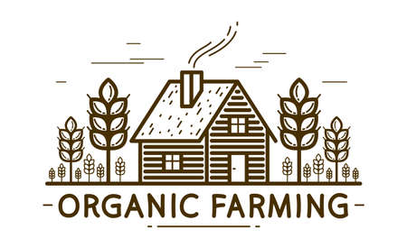 Farm house with spikes farming vector emblem or logo isolated on white background, woodhouse and wheat farm agriculture illustration, monochrome linear single-color version.のイラスト素材