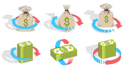 Different business and finance concepts with money and round loop arrows 3D vector illustrations set isolated on white background.のイラスト素材