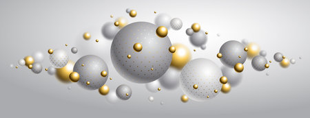Abstract dotted spheres vector background, composition of flying balls decorated with dots, 3D mixed realistic globes, realistic depth of field effect.のイラスト素材