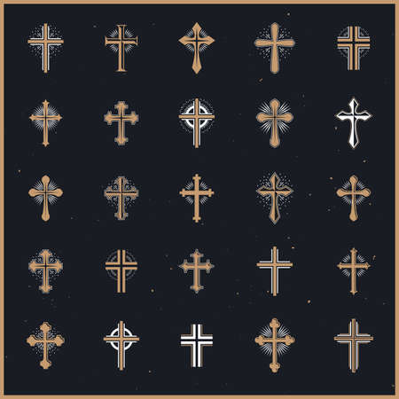 Vintage Christian crosses vector  emblems, heraldic design elements big set, classic style heraldry religion symbols, antique designs.のイラスト素材