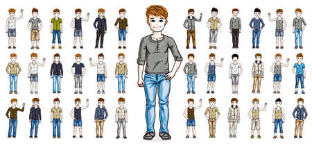 Little early teen boys children happy and cute standing in full body length isolated over white...