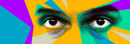 Looking eyes 8 bit dotted design style vector abstraction, human face stylized design element, with...