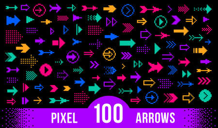 8 Bit pixel arrows vector big set of icons, collection of arrow direction cursors in old PC or...