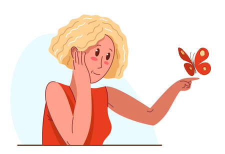 Pretty blond girl with butterfly on her finger vector flat illustration isolated on white, concept of dream and trust, spiritual and hope theme, harmony.のイラスト素材