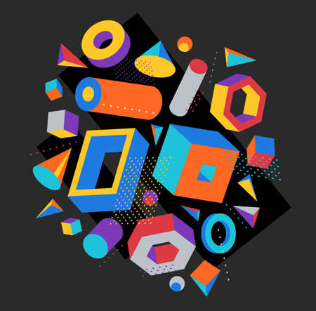 Colorful 3D shapes vector composition on dark background, bright positive dimensional design...