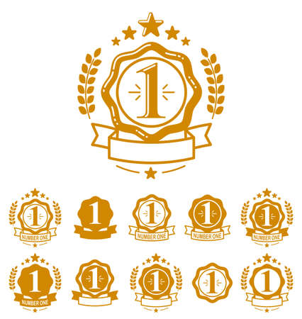 First place number one business success and triumph vector labels set isolated over white, graphic design elements, geometric vintage classic emblems collection, simplistic old style icons.のイラスト素材