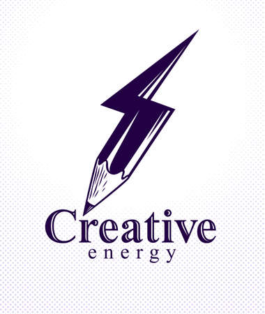 Creative energy power concept shown by pencil in a shape of lightning bolt, vector logo or icon, the power of idea, design and art, science invention or research.のイラスト素材