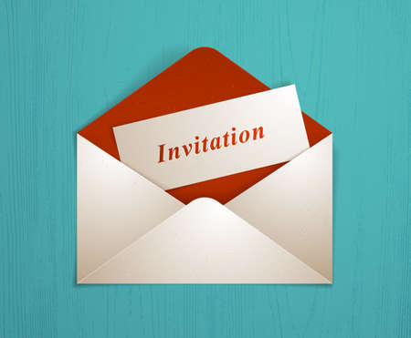 Postal envelope with invitation card over wooden background realistic vector paper illustration, graphic design element message greeting mail.の写真素材