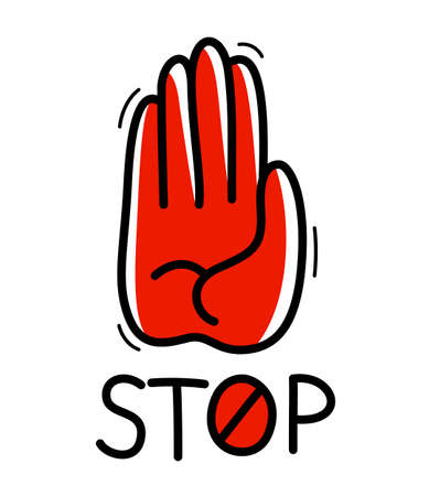 Cartoon hand showing stop gesture palm vector flat style illustration isolated on white, attention forbidden sign.のイラスト素材