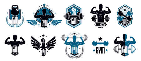 Gym fitness sport emblems vector set isolated with barbells dumbbells kettlebells and muscle body man silhouettes and hands, athletics workout sport club, active lifestyle.のイラスト素材