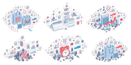 Business and finance concepts 3D vector illustrations set isolated on white background, money theme conceptual design collection, savings, bank, contract, income, safety, online.のイラスト素材