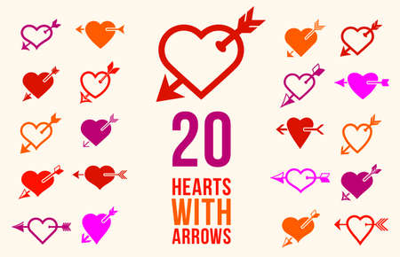 Cupid hearts with arrow from bow vector icons set, romantic hearts fallen in love concept, Valentine theme, lovestruck theme.のイラスト素材