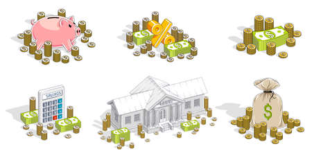Savings concept 3D vector illustrations set isolated on white background, with bank and moneybag, retirement savings, investment, credit and deposit, financial safety.のイラスト素材