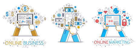 People hands with phones different business and finance concepts vector illustrations set, men holding smartphones images collection.のイラスト素材