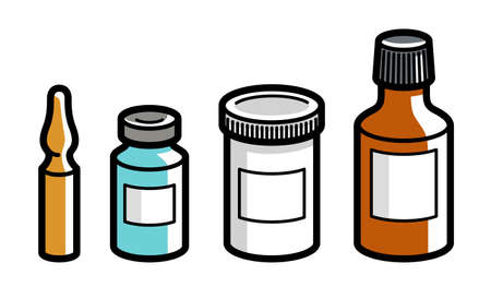 Set of medical bottles and vials vector flat style illustration isolated over white, meds drugstore concept, apothecary prescription medicament flagons and ampules.のイラスト素材