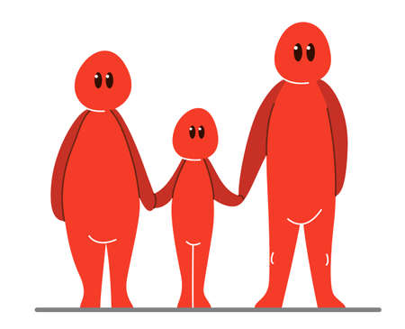 Family of father mother and child funny cartoon people vector flat style illustration isolated on white, cute and positive small guy drawing or icon.のイラスト素材