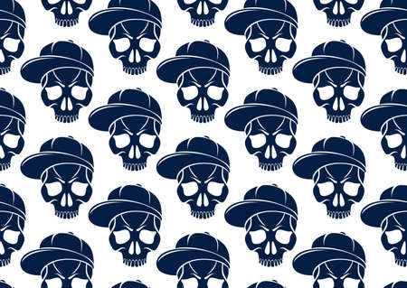 Black skulls seamless vector background, endless pattern with horror death sculls, stylish wallpaper of hard rock culture music fashion theme, gothic image.のイラスト素材