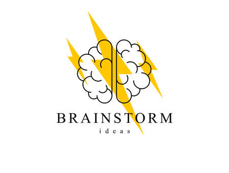Brainstorm concept vector logo or icon, human brain and lightning bolt simple symbol, flat modern style.のイラスト素材