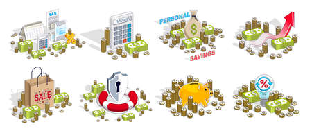 Business and finance concepts 3D vector illustrations set isolated on white background, money theme conceptual design collection, savings, bank, contract, income, safety, online.のイラスト素材