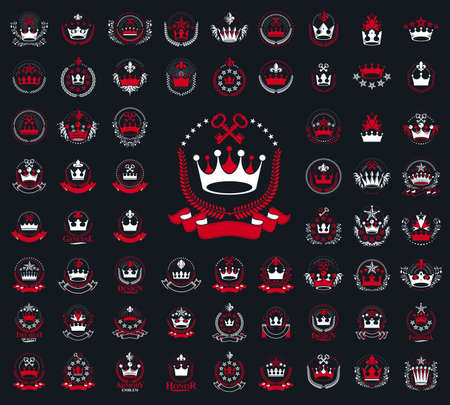 Heraldic Coat of Arms with crowns vector big set, vintage antique heraldic badges and awards collection, symbols in classic style design elements, family or business logos.のイラスト素材