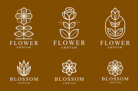 Beautiful geometric flower logos vector linear designs set, sacred geometry line drawing emblems or symbols collection, blossoming flower hotel or boutique or jewelry logotypes.のイラスト素材