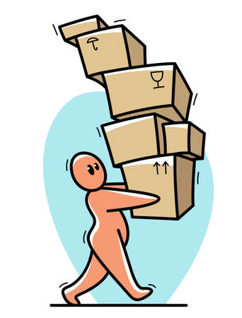 Delivery courier funny cartoon man carrying a lot of boxes vector flat style illustration isolated on white, office worker, internet retail and home delivery concept.のイラスト素材