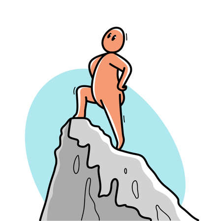 Funny cartoon man standing on top peak of a high mountain like a champ vector flat style illustration isolated on white, businessman or employee in success on a top of career.のイラスト素材
