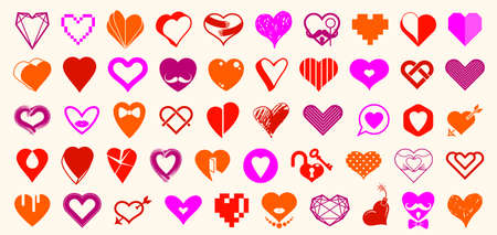 Hearts big vector set of different shapes and concepts logos or icons, love and care, health and cardiology, geometric and low poly, collection of heart shapes symbols.のイラスト素材