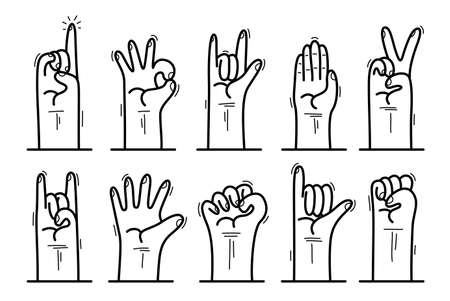 Set of hand signs gestures vector icons set isolated, hard rock, attention and idea pointing finger up, clenched fist, call me, okay.のイラスト素材