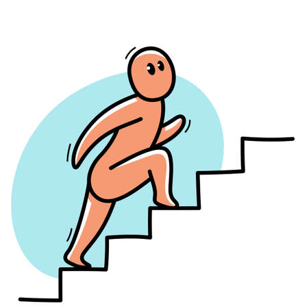 Funny cartoon man climbing up stairs vector flat style illustration isolated on white, career and ambitions concept, business success.のイラスト素材