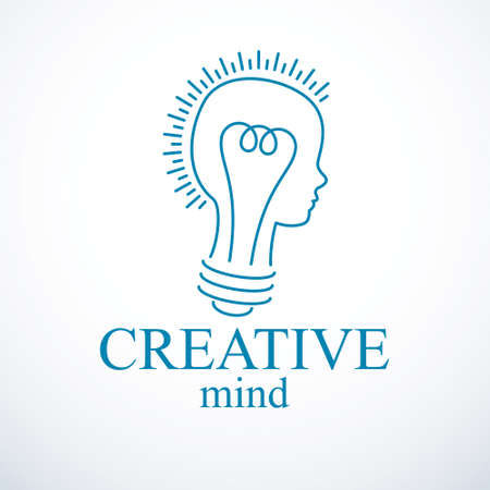 Creative brain concept, intelligent person vector logo. Light bulb in a shape of child head profile. Bright mind, thinking and brainstorming idea icon.のイラスト素材