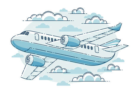 Plane passenger airliner flying in the sky surrounded by clouds, beautiful thin line vector isolated over white background.のイラスト素材
