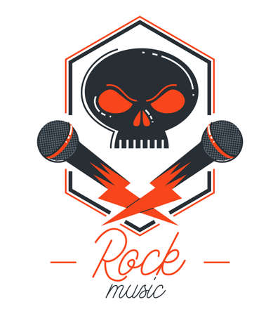 Hard rock and heavy metal emblem or logo vector flat style illustration isolated, microphone and dead scull composition, stylish music icon.のイラスト素材