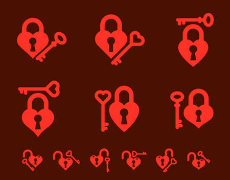 Heart shaped padlocks vector logos or icons set, locks and turnkeys love theme in a shape of hearts open or closed emotions, secret feelings concept, Valentine theme.のイラスト素材