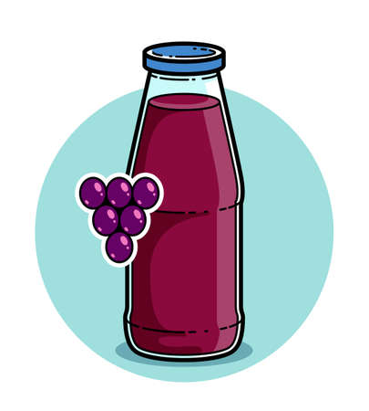 Grape juice in a glass bottle isolated on white background vector illustration, cartoon style logo or badge for pure fresh juice, diet food beverage delicious and healthy.のイラスト素材