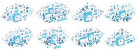 Time and money, deadline, time is money concept 3D vector designs set isolated on white background,...