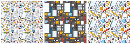 Work office desk top view with a lot of different stationery elements seamless vector wallpaper set,...