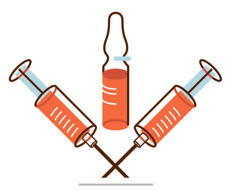 Vaccination theme vector illustration of a syringe with ampules isolated over white, epidemic or pandemic coronavirus covid 19 or flu or SARS or any other vaccine, pharmacology concept.のイラスト素材