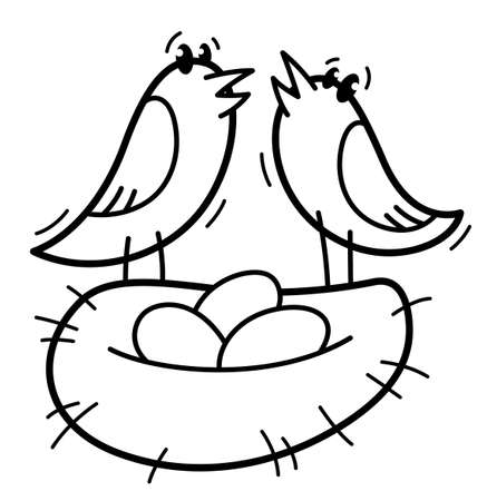 Little cute bird nesting funny cartoon flat vector illustration isolated on white, family and kids concept.のイラスト素材