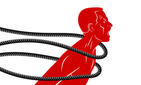 Shouting and screaming man trying to break the rope struggling for freedom, fight and liberate concept, liberty and human rights vector conceptual illustration.のイラスト素材