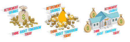 Savings concept 3D vector illustrations set isolated on white background, retirement savings, investment, credit and deposit, financial safety.のイラスト素材