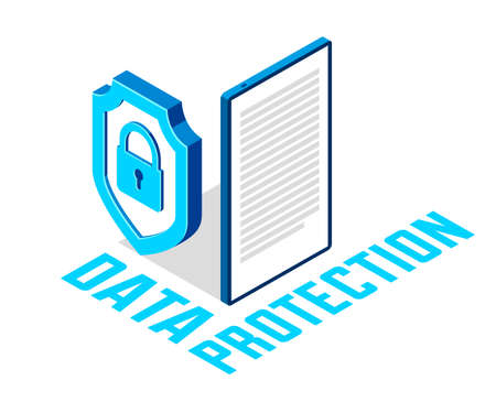Electronic data protection and cyber security vector isometric conceptual illustration, isolated on white, mobile app antivirus internet fraud protection personal information.のイラスト素材