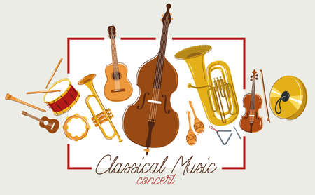 Classical music instruments poster vector flat style illustration, classic orchestra acoustic flyer or banner, concert or festival live sound, diversity of musical tools.のイラスト素材