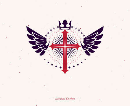 Cross of Christianity graphic emblem. Heraldic vector design element. Retro style label, religious insignia decorated with luxury monarch crown and liberty bird wings.のイラスト素材