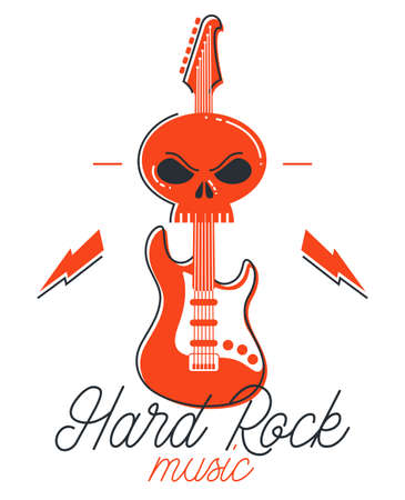 Hard rock and heavy metal emblem or logo vector flat style illustration isolated, electric guitar with dead skull, logotype for recording label or studio or musical band.のイラスト素材
